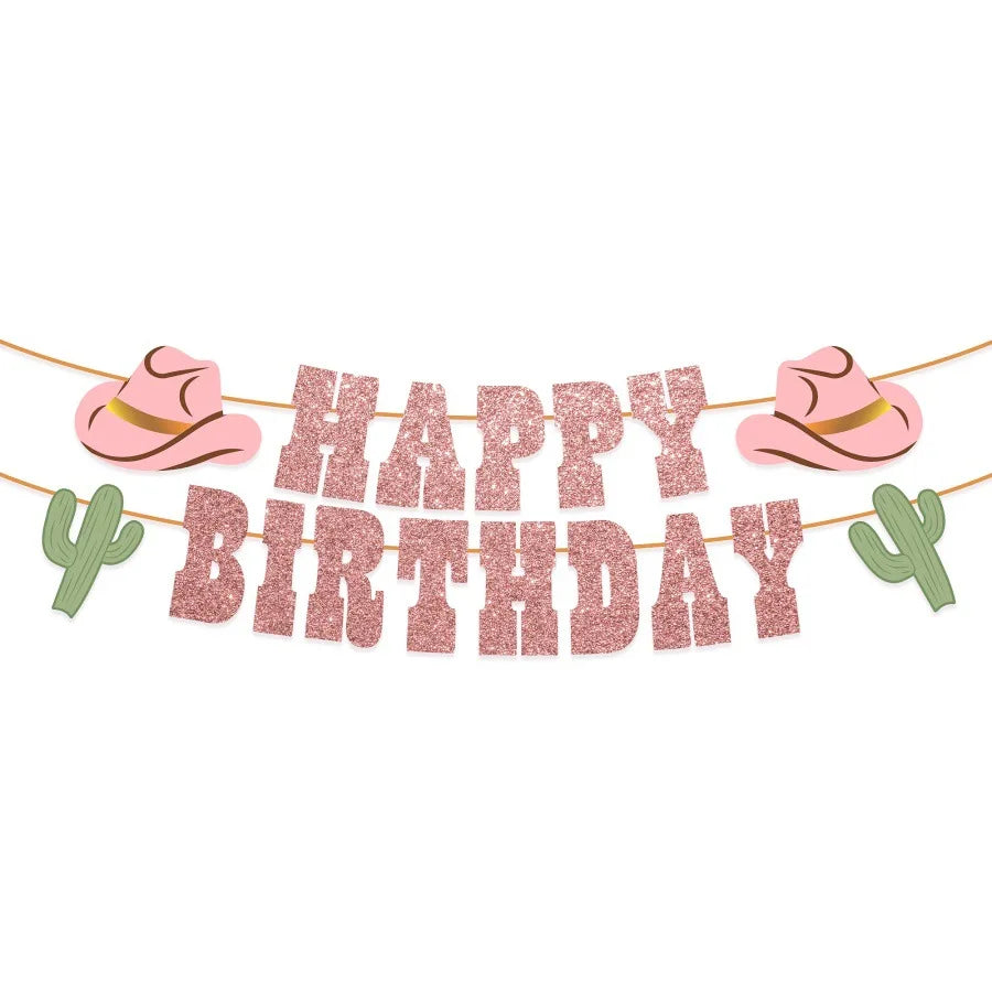 guirlande fête or pailletée chapeaux cowboys lettres happy birthday cactus western
