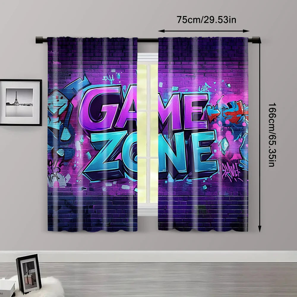 rideaux deux pièces graffiti game zone briques violet turquois rouge blanc urbain
