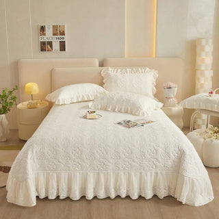 Couvre-lit en dentelle blanche à relief floral avec 2 taies d'oreiller - Ensemble literie 3 pièces