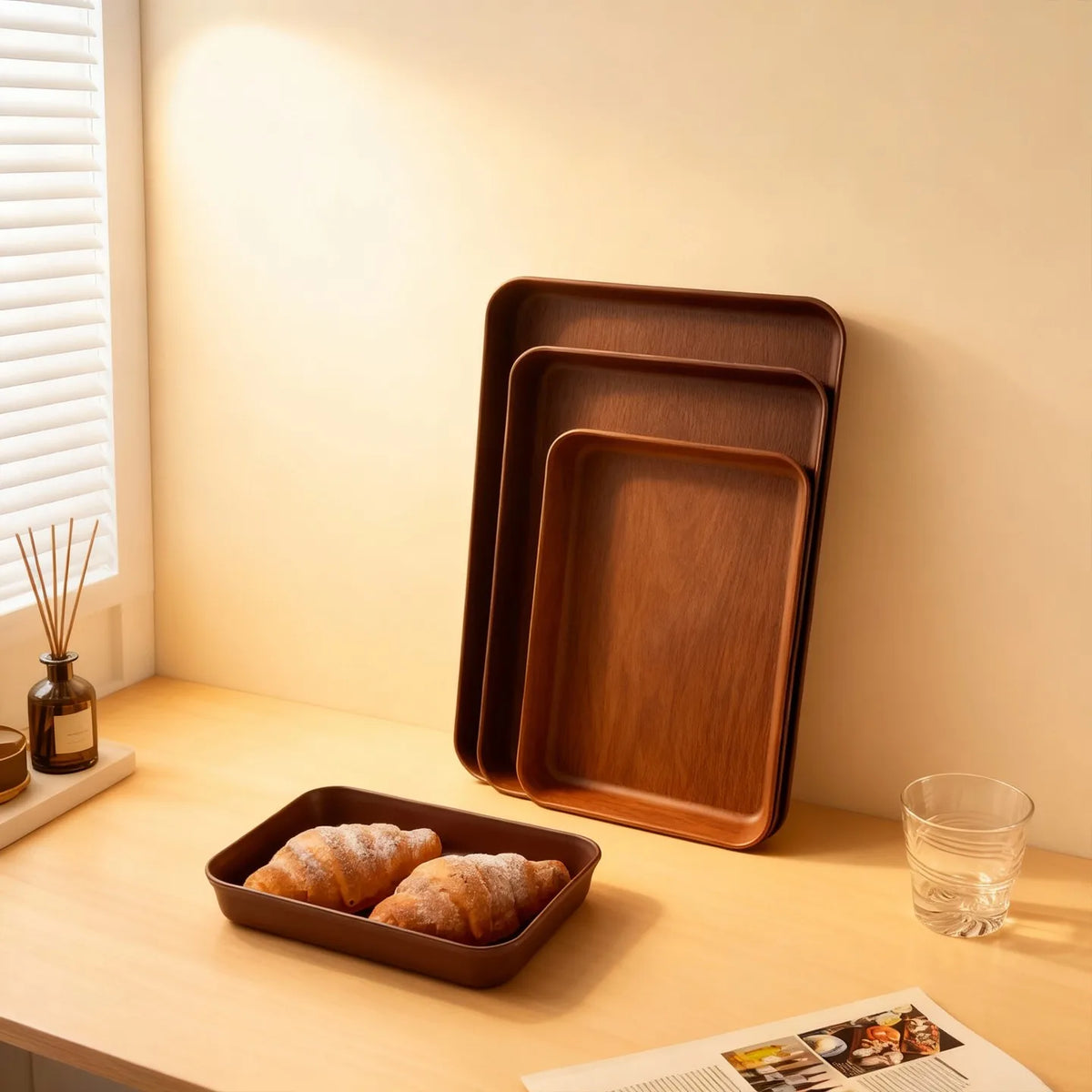 assiettes marron texture bois modernes poignées profondes fruits aliments service cuisine