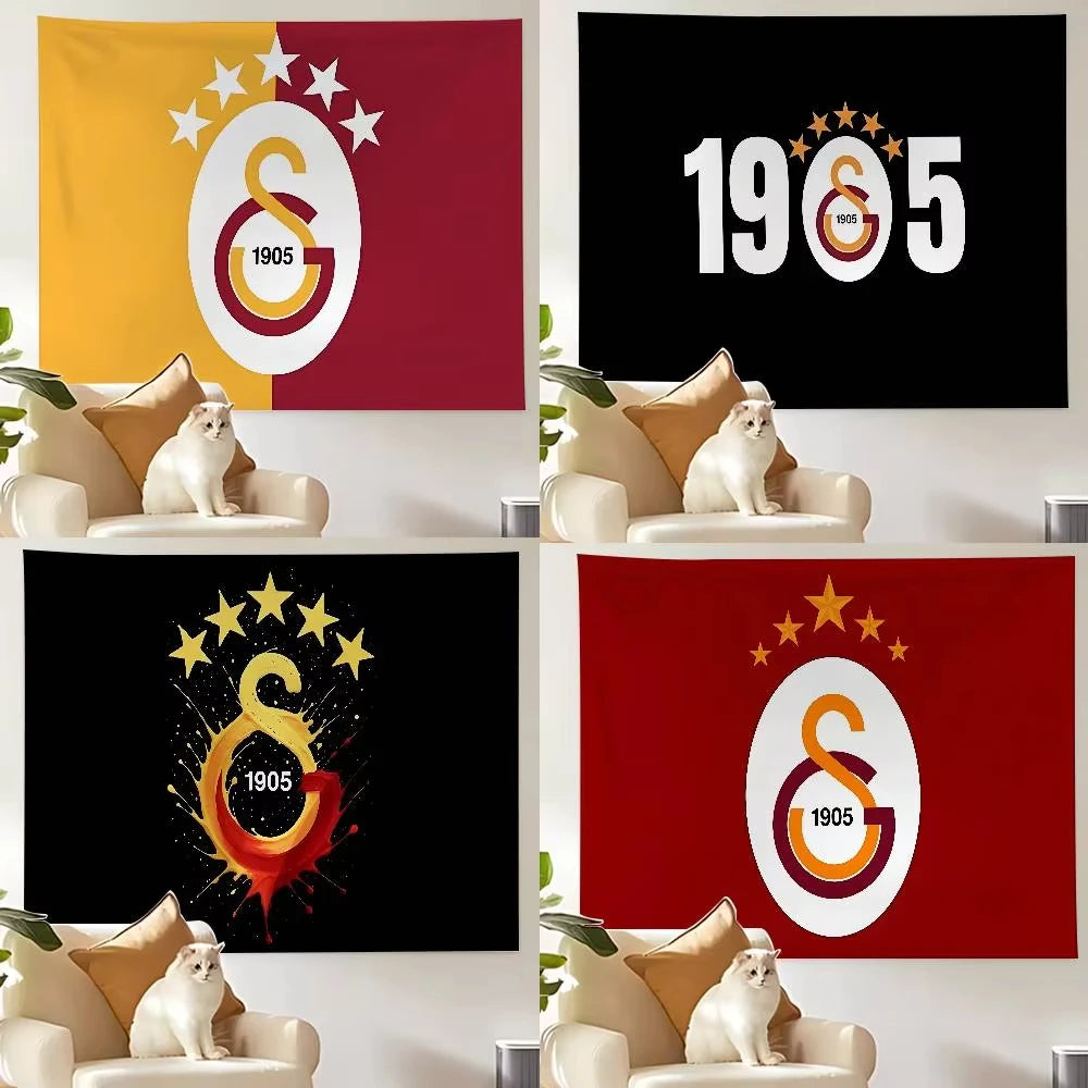 tapisserie murale moderne graphique rouge jaune blanche logo 1905 étoiles clips fixations chambre salon
