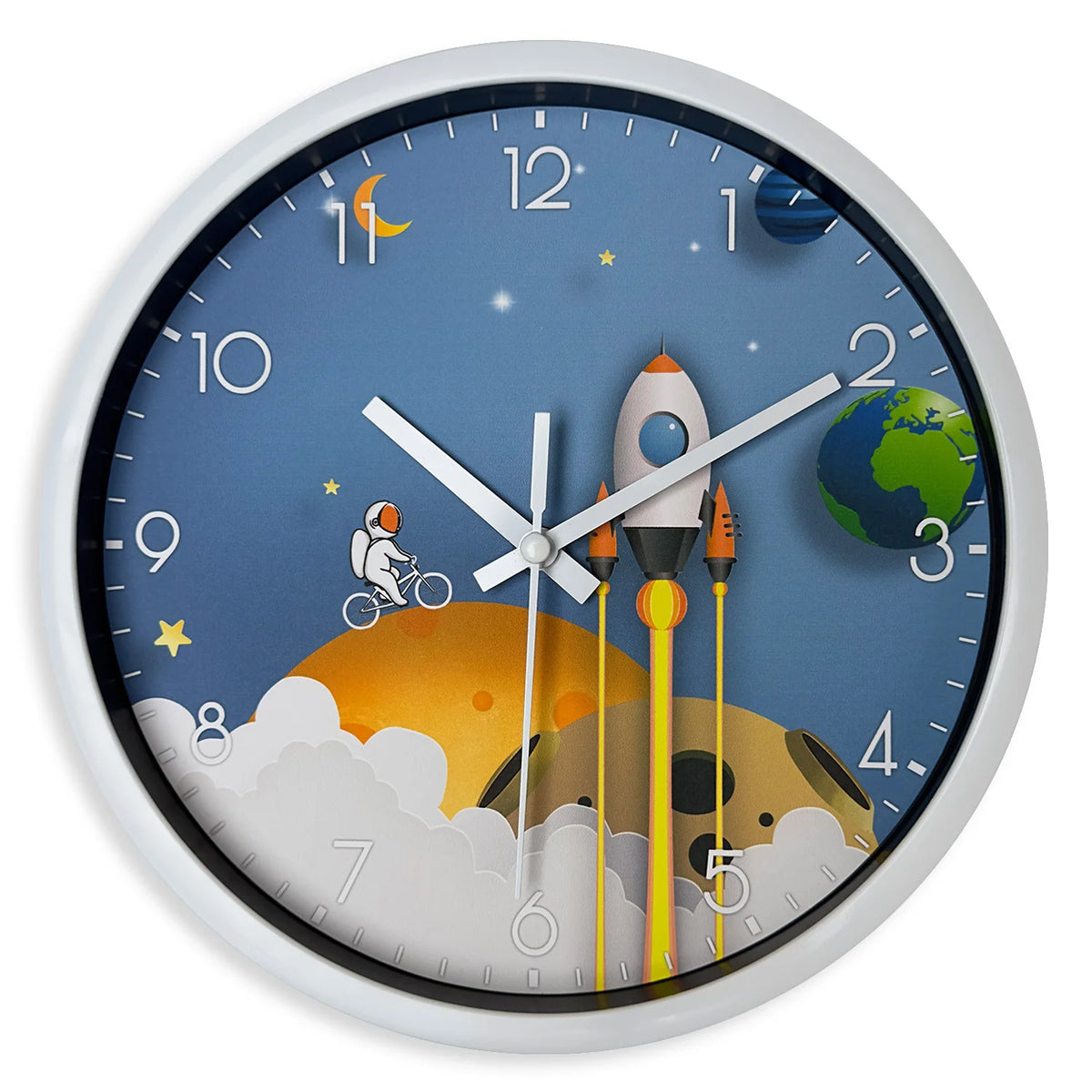 horloge murale thème spatial astronaute fusée planètes aiguilles quartz bleu orange moderne enfants chambre