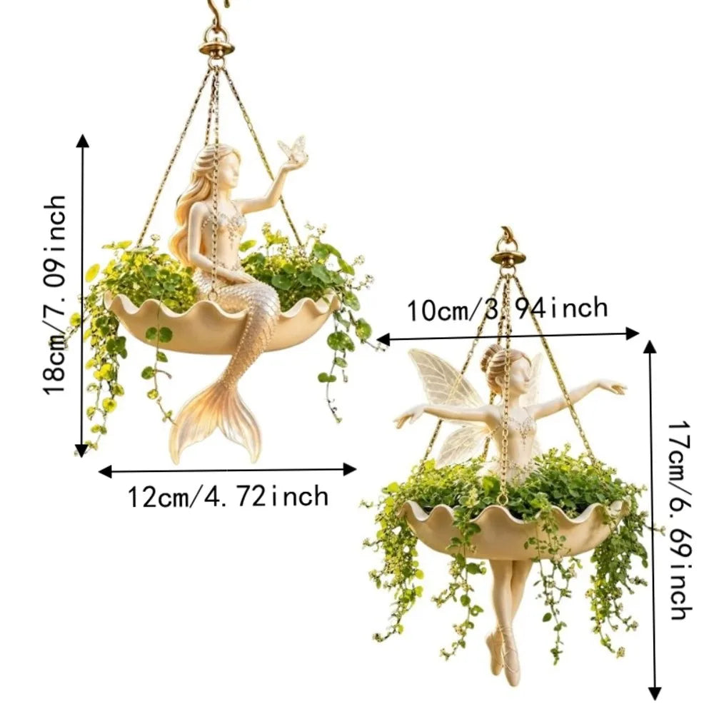 cache pot suspendu résine feuilles vertes figurine sirène classique romantique oiseau doré decoration plantes