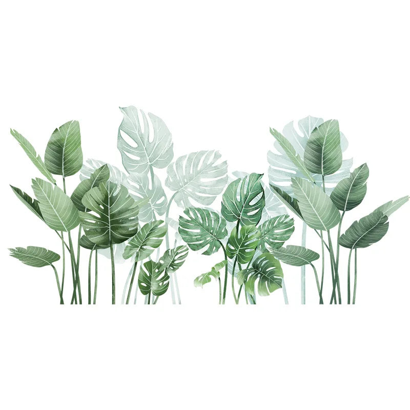 sticker mural moderne feuilles tropicales autocollant adhésif chambre verte blanc