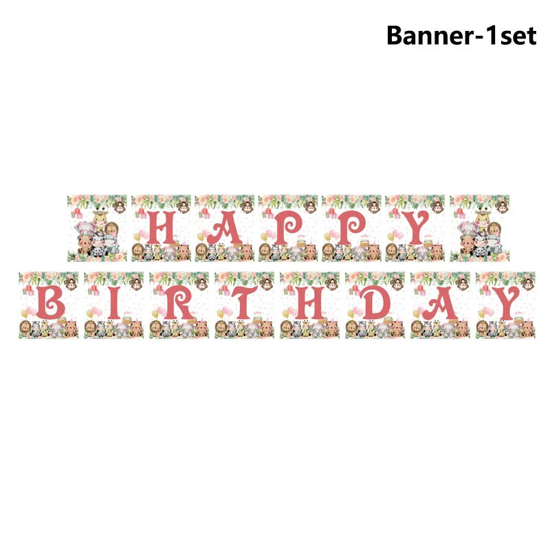 décoration anniversaire thème jungle animaux rose serviettes papier assiettes guirlande happy birthday nappe aquarelle