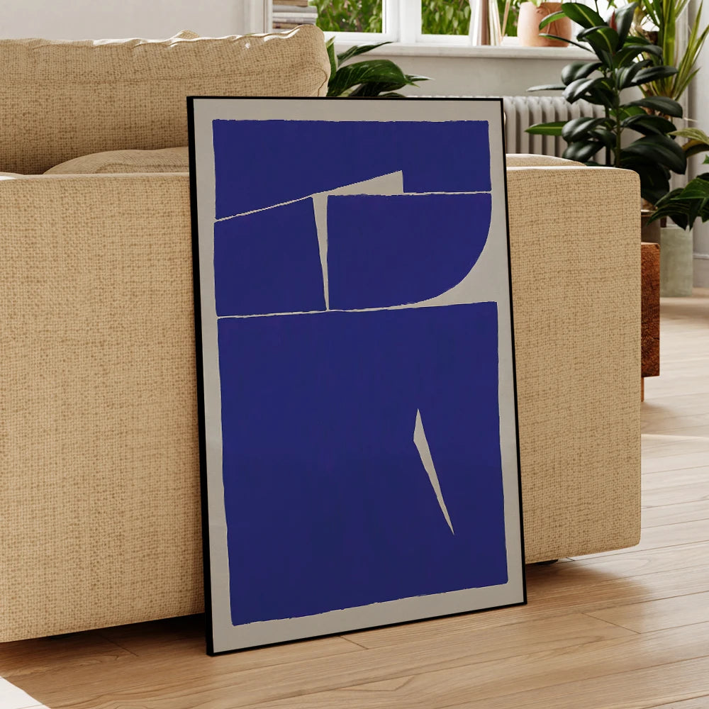 affiche abstraite contemporaine bleu géométrique toile rectangle vertical sans cadre minimaliste