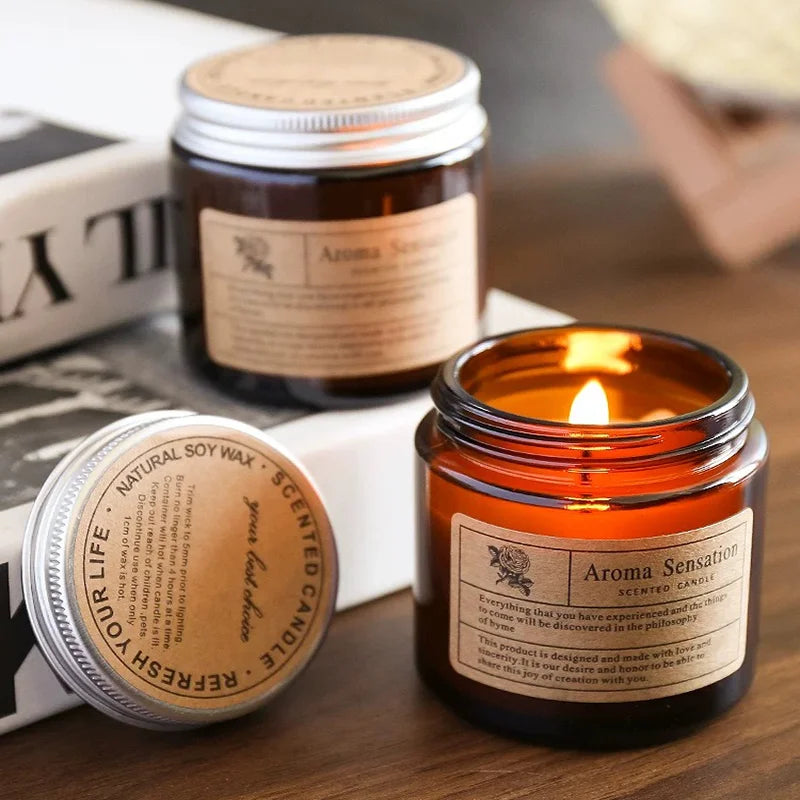 bougies parfumées cire soja marron clair étiquette blanche aromathérapie décoration maison cadeau événementNELLE luxE