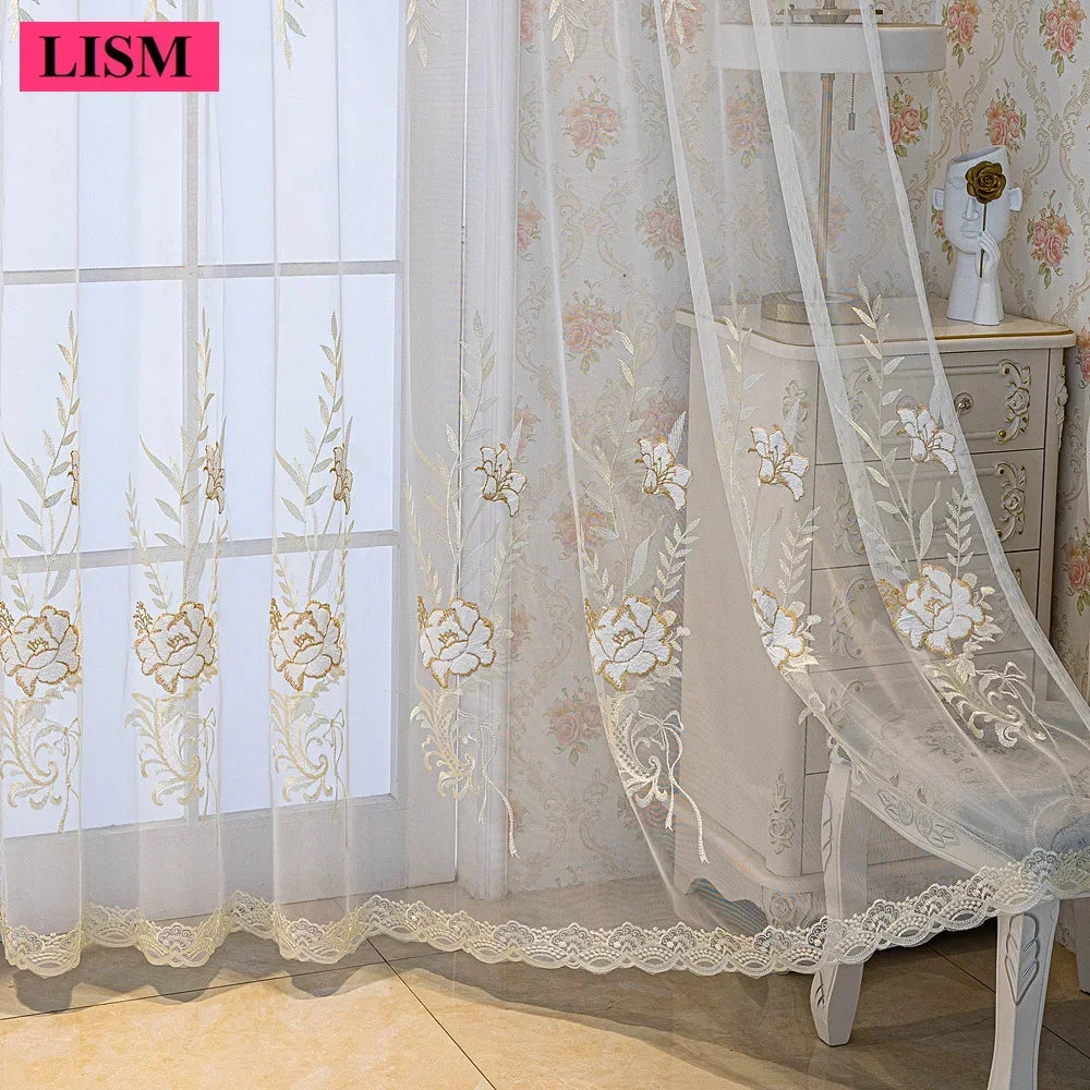rideau blanc doré fleurs brodées transparent classique anneaux fenêtre salon chambre