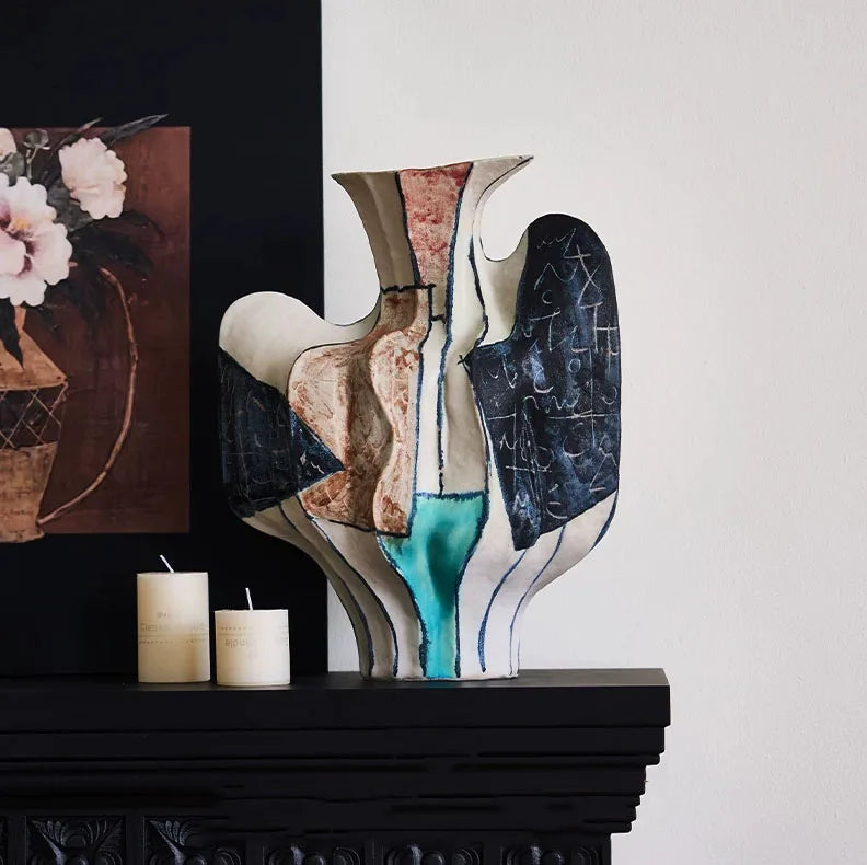 vase céramique abstrait artisanal rose vert orange marron bleu ondulé texturé sculptural