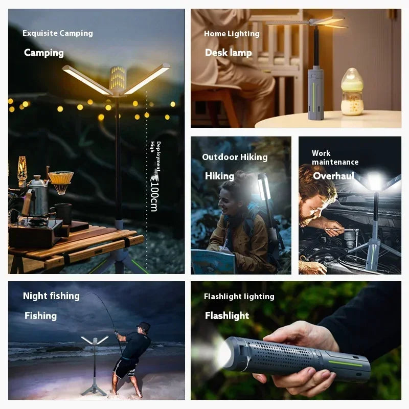 lampe camping rechargeable 8000mAh gris vert multifonctionnelle modes étanche trépied portable