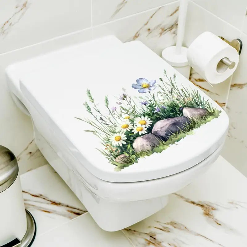 Stickers adhésifs décoratifs fleurs bleu vert jaune toilette salle bain amovibles illustrées réaliste