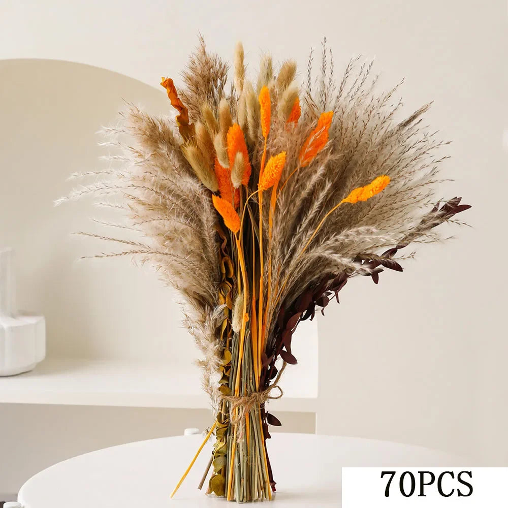 bouquet fleurs séchées pampa plumes vertes intérieur décoration naturelle rustique anniversaire mariage