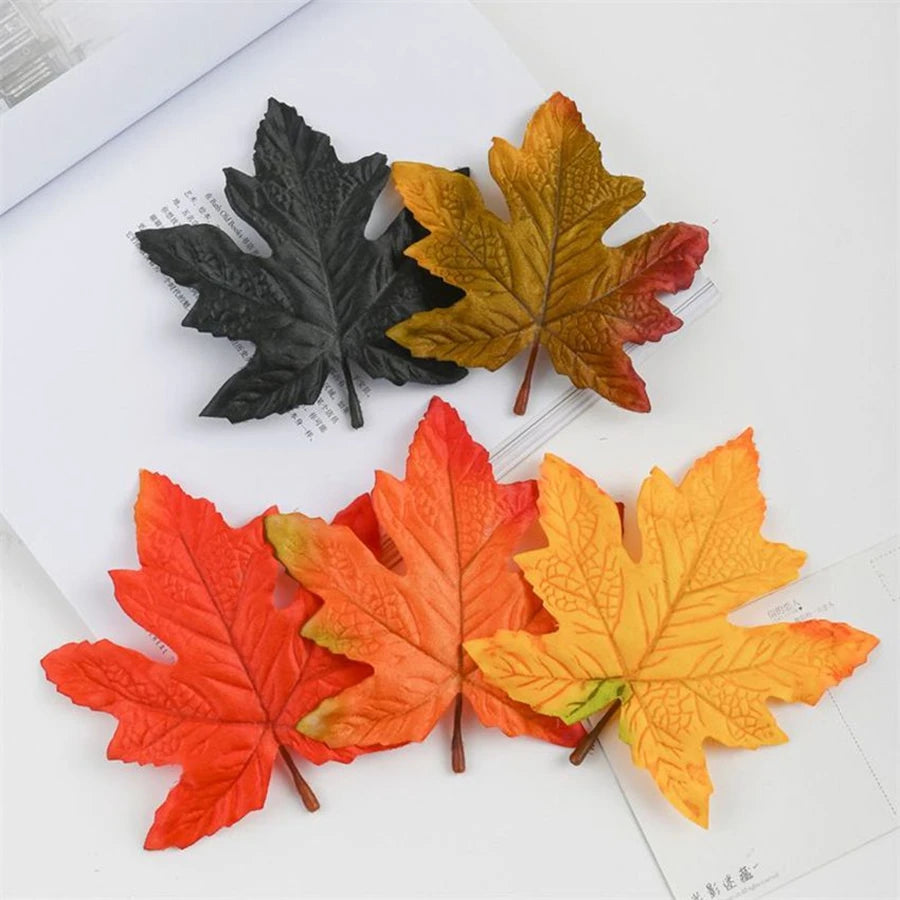 feuilles artificielles réaliste automnales noir orange rouge jaune decoration exterieure naturelle exposition festive halloween