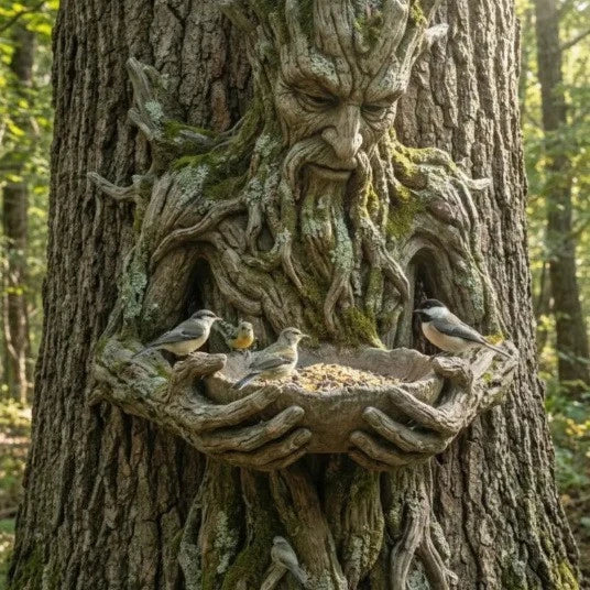 mangeoire oiseaux sculpture arbre bois sculpté main verte brune grise noireextérieur jardin décoration naturelle