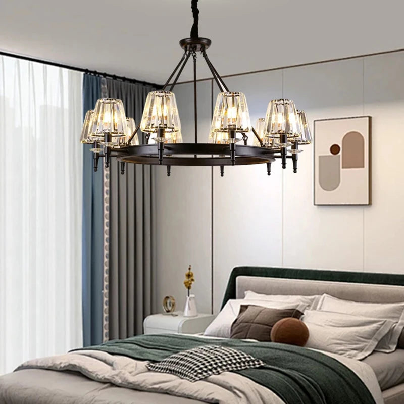 lustre moderne industriel verre taillé noir transparent suspension led abat jour cristal k9