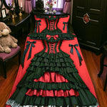 ensemble literie drap housse couette taies oreillers rouge noir gris clair motifs volants rubans