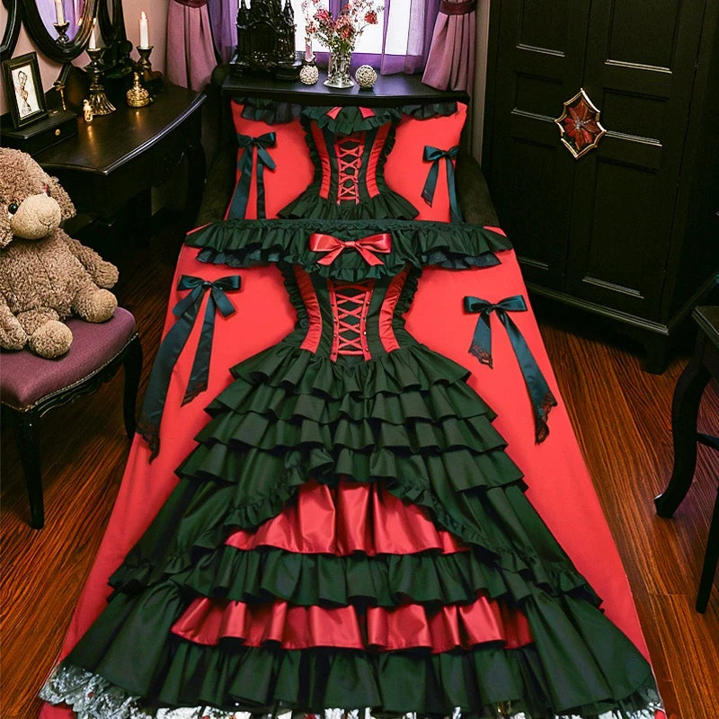ensemble literie drap housse couette taies oreillers rouge noir gris clair motifs volants rubans