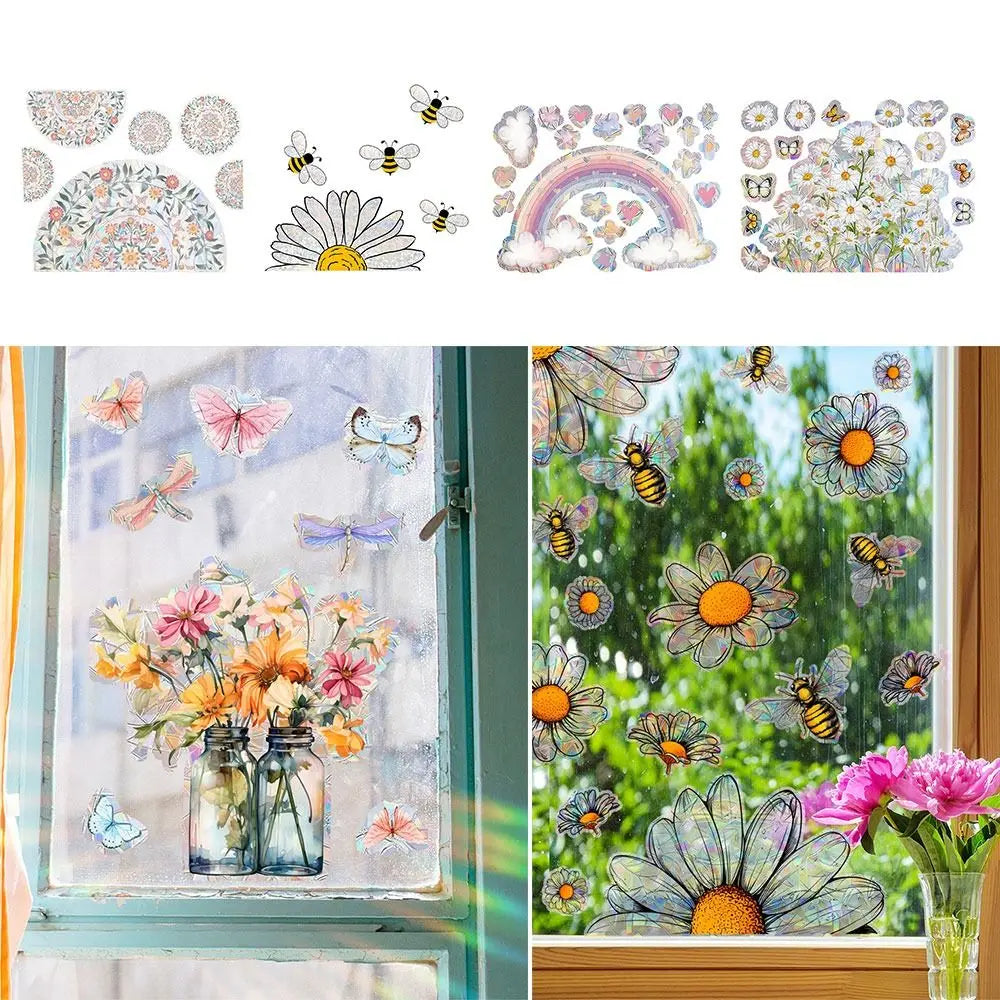 stickers fenetre decoratifs fleurs arc ciel multicolores adhésifs pvc naturel artistique