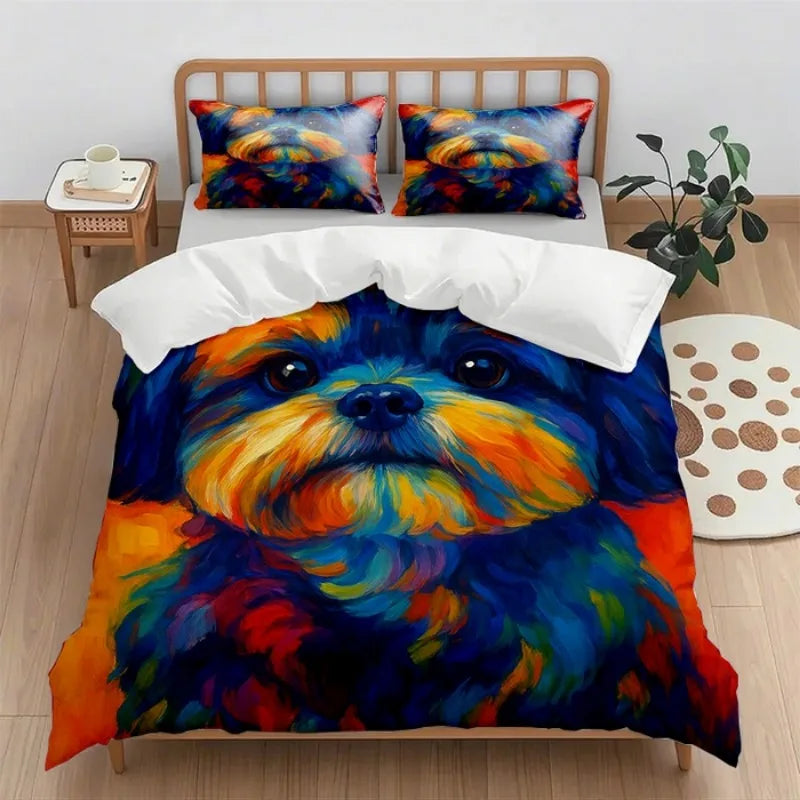Couette et taies d'oreiller avec un motif coloré et lumineux de chien.