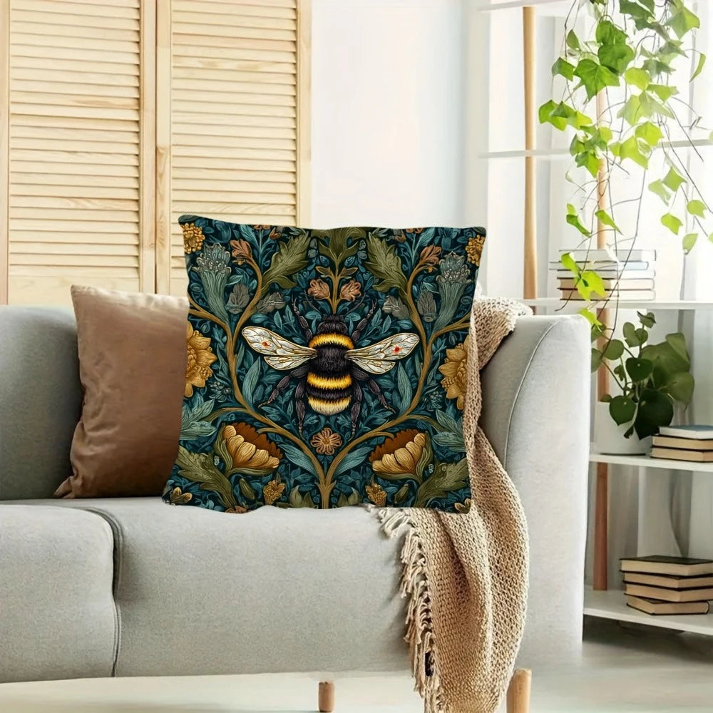 housse coussin vintage floral abeilles polyester bleu foncé vert beige jaune salon chambre opacité