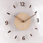 horloge murale moderne minimaliste aiguille acrylique transparente bois clair blanc marron