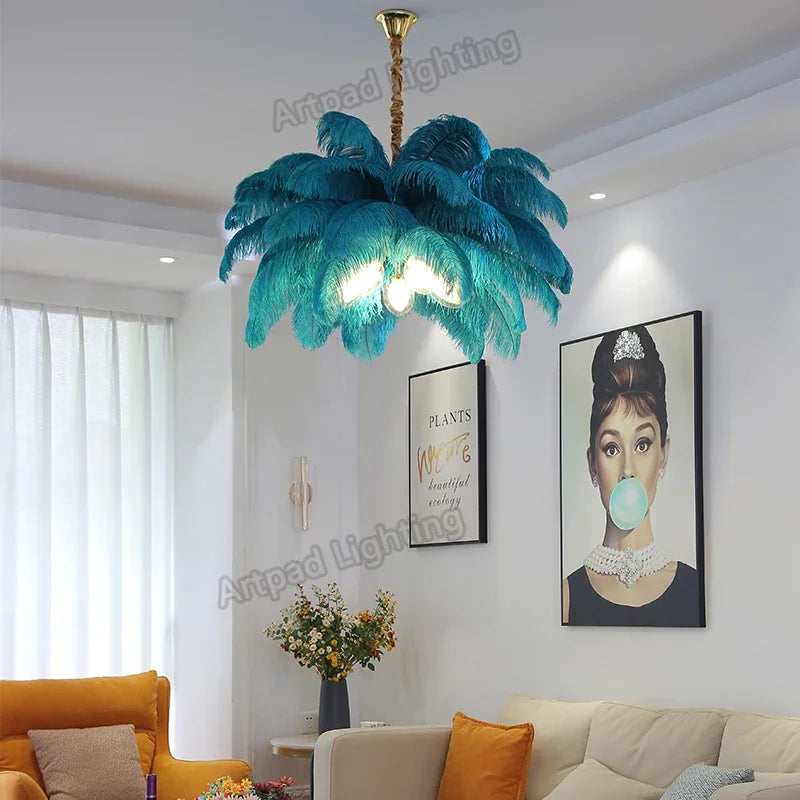 lustre led plumes rose blanc bleu moderne élégant tringle suspension chambre salon