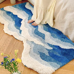 tapis moderne bleu blanc vague antidérapant polyester fibre sol maison 100x150cm