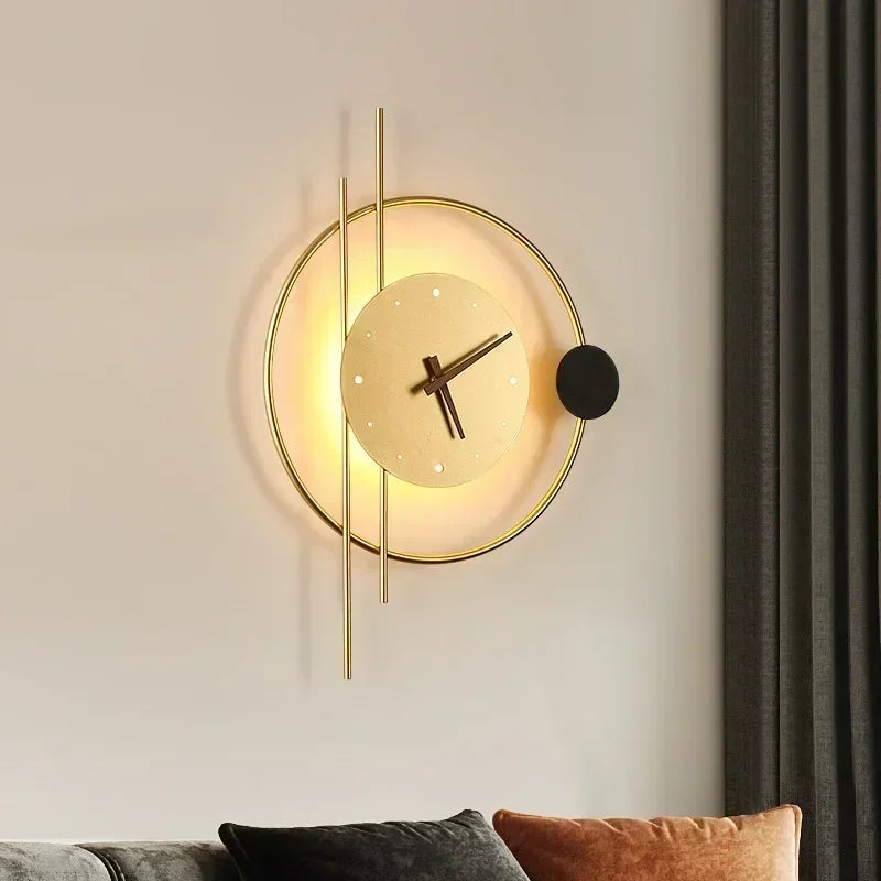 horloge murale moderne or noir éclairage led géométrique minimaliste chambre salon