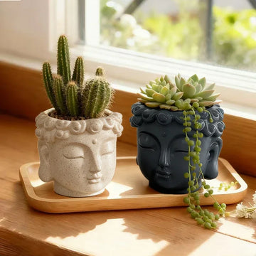 pots fleurs forme bouddha résine époxy zen décoration jardin succulentes cactus plateau bois crème