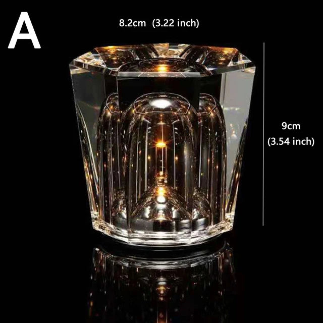 lampe table moderne transparente facettes brillantes élégante chambre coucher ambiance dorée led rechargeable