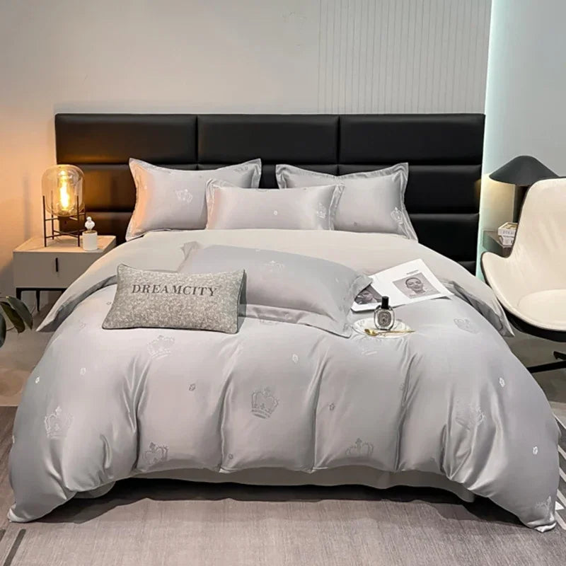 housse couette jacquard brodée ensemble pièces lit double gris clair contemporain fixations opaques microfibre