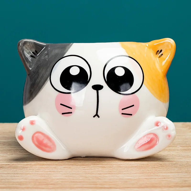 cache pot forme chat cartoon miniature deco plante verte blanc rose orange