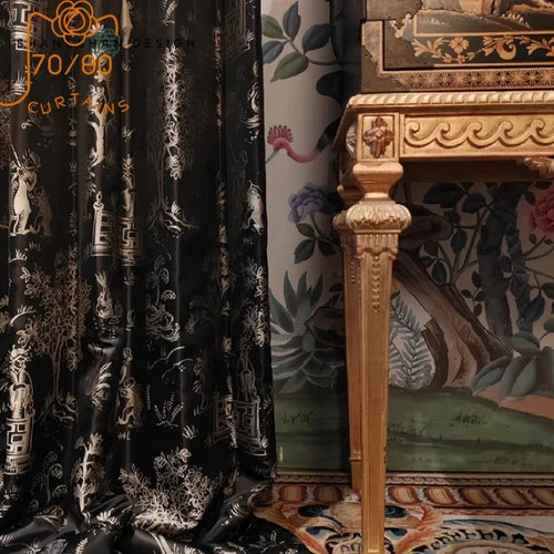 rideau luxe noir blanc motif floral doré élégant salon chambre tissu épais opacité