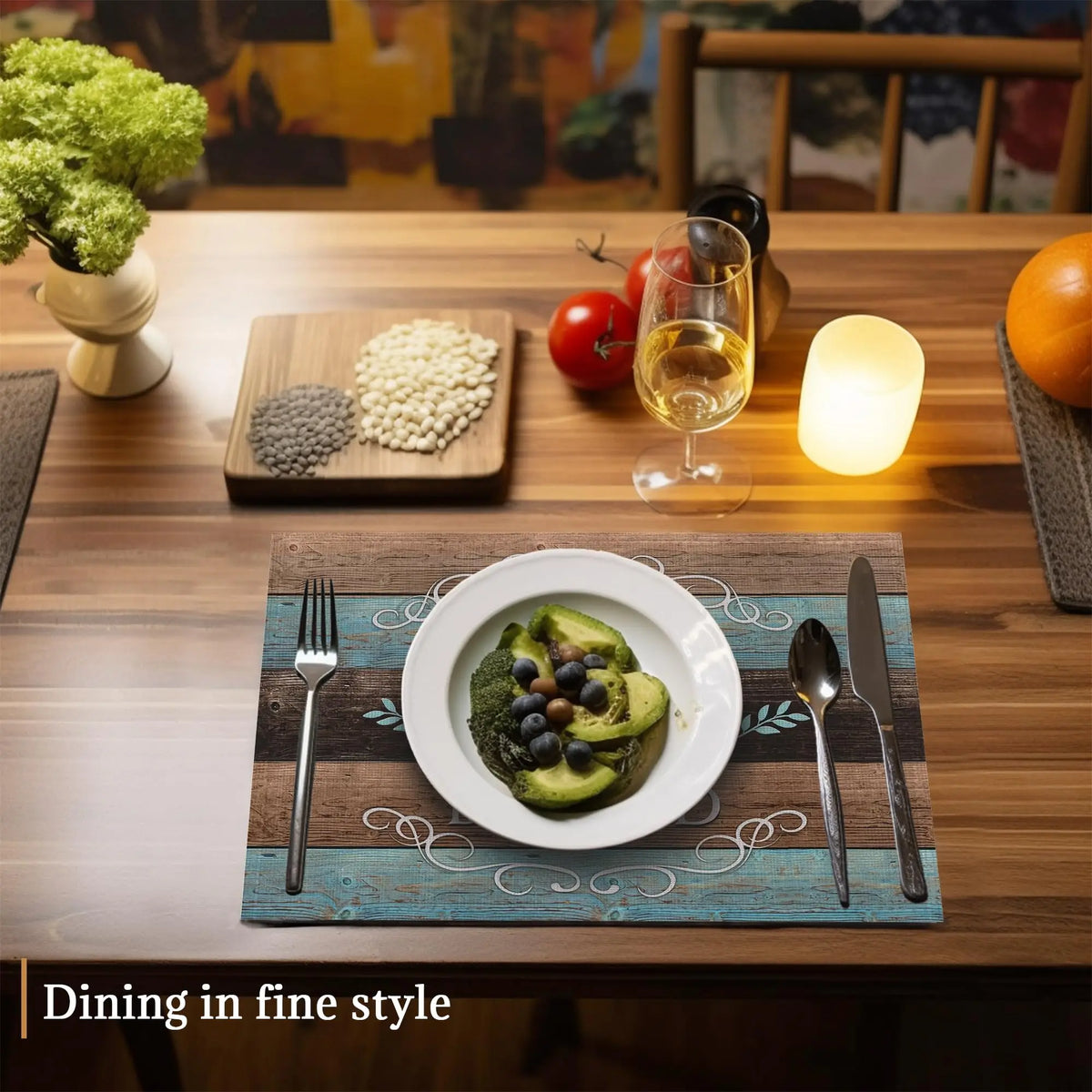 tapis table rustique lin bleu brun gris textes grateful thankful blessed decoratif echangetable