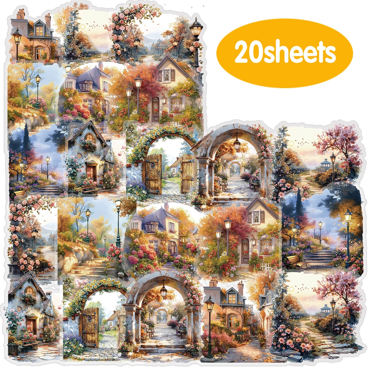 sticker multicolore paysagiste maison arches floral vintage adhésif enfant decoration chambre thermos telephone valise