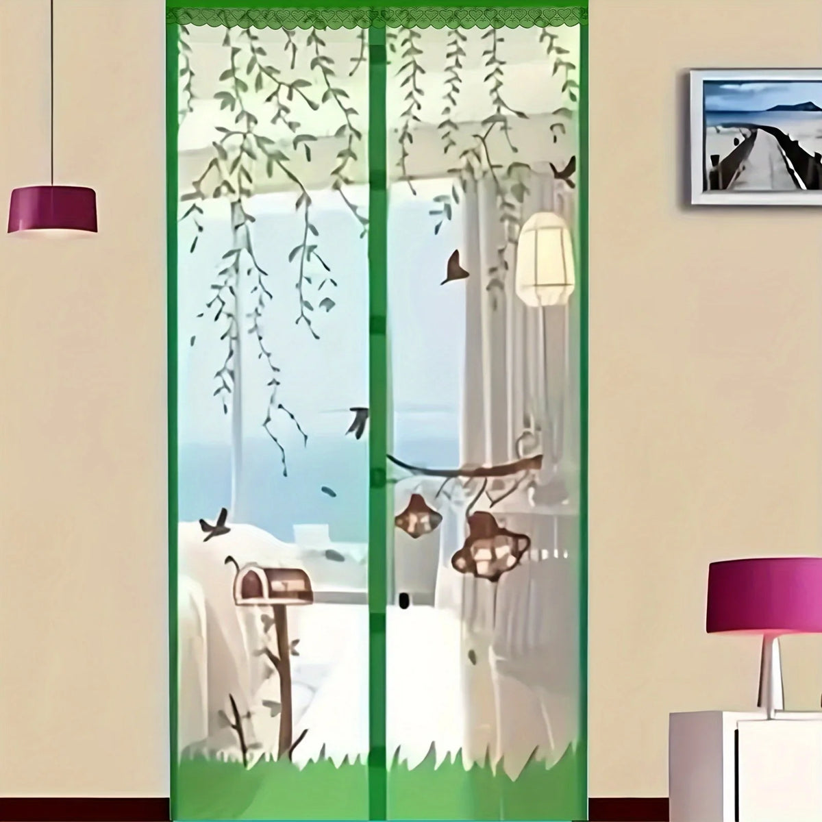 rideau magnétique violet vert bleu marron feuilles oiseaux moderne translucide porte 100cm 210cm