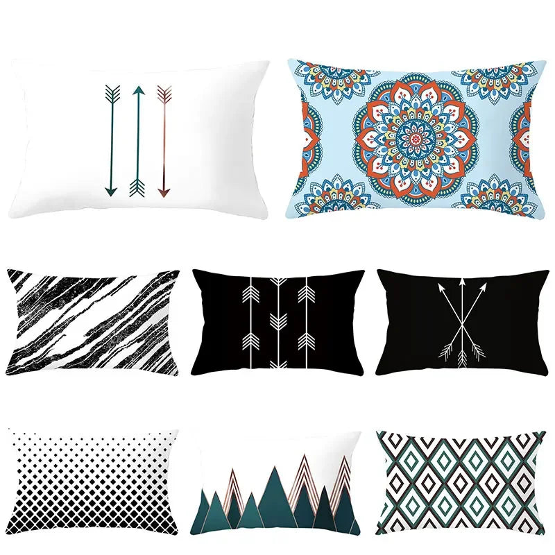 coussins géométriques motifs mandalas modernes polyester noir blanc minimaliste 30x50cm