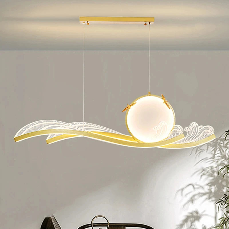 suspension lumineuse moderne vague motif floral acrylique led dimmable noir doré blanc