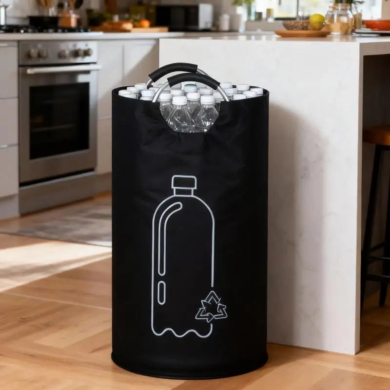sac rangement pliable noir blanc motif recyclage moderne bouteilles plastique poignée métal tissu texturé