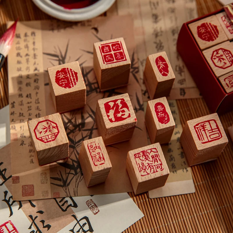 tampons bois motifs chinois calligraphie traditionnelle rouge brun clair boîte rangement set craft décoration
