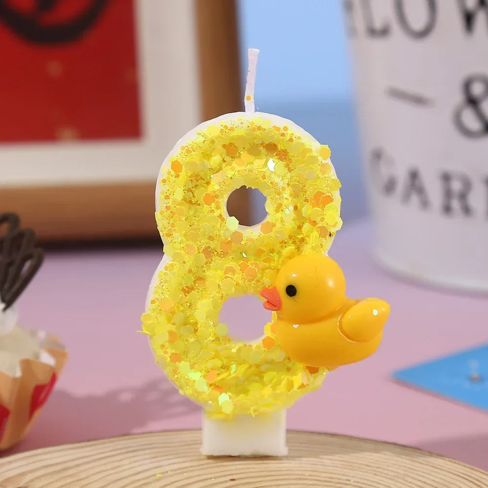 bougies chiffres canard jaune paillettes dorées anniversaire décoration enfantino festive opaques