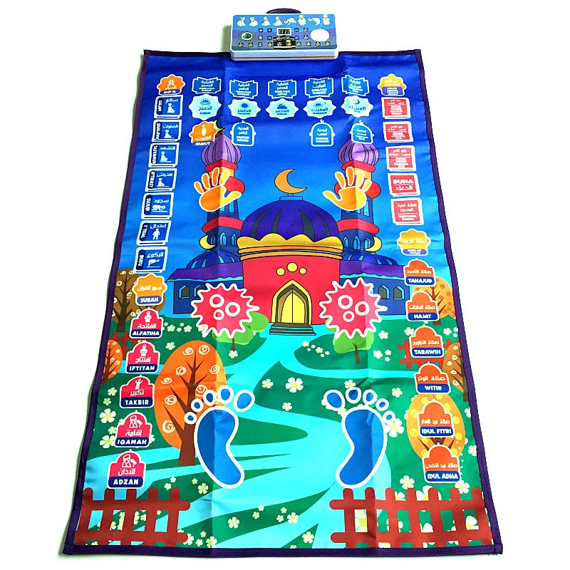tapis interactif éducatif prière enfants musulmans illustrations mosquée palmiers motifs floraux éducatifs