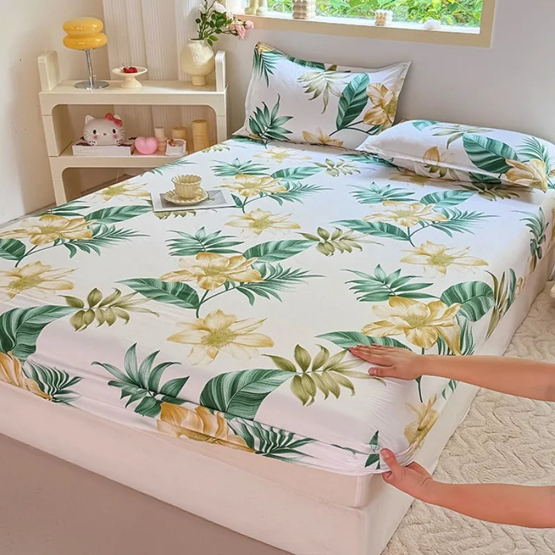 draps housses fleurs tropicales moderne blanc vert jaune pièces lit 120cm 150cm 180cm 200cm