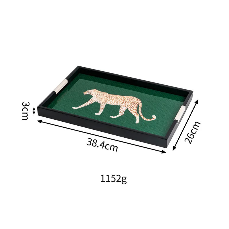 plateau service moderne élégant noir vert léopard poignées bougie parfum diffuseur figurine douche crème