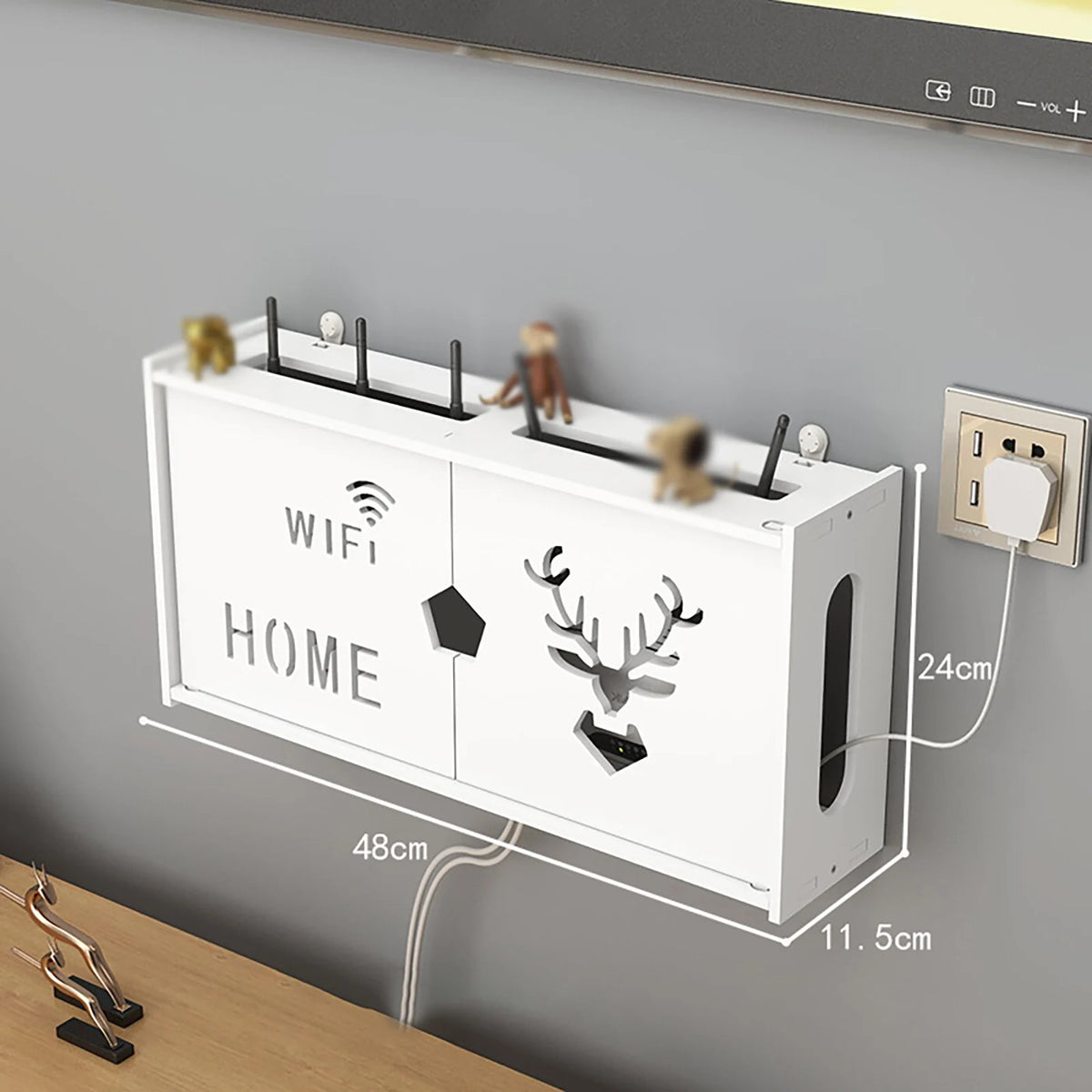 meuble rangement mural blanc bambou prises électriques étagères cable wifi