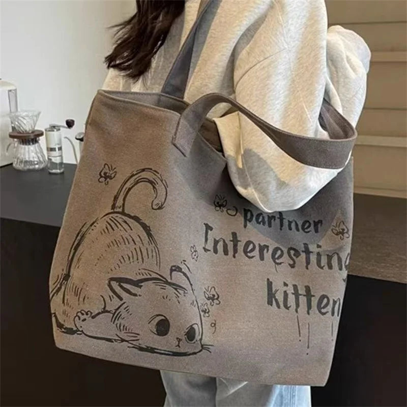 sac main gris imprimé chaton poignées détachables casual toile polyester