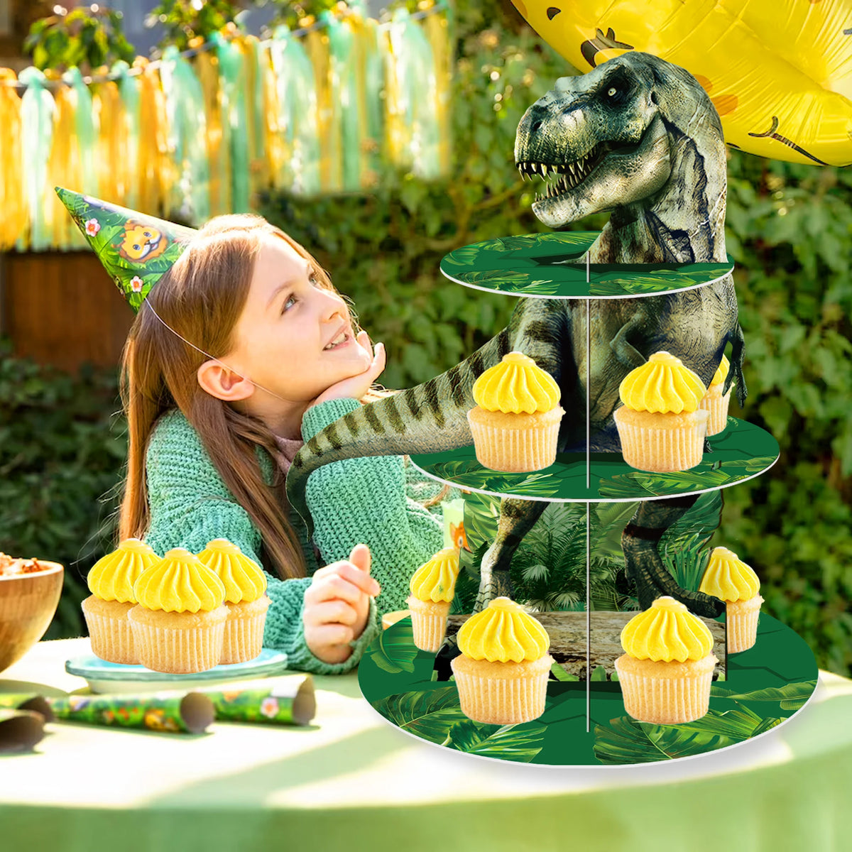 supports cupcakes dinosaures feuilles vert gris anniversaire jungle enfant thème jurassique festive occasionnels