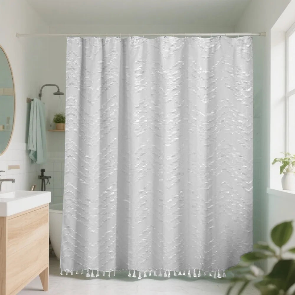 rideau douche moderne polyester opacique rayures diagonales pompons blancs respectueux l'environnement toilettes grande taille