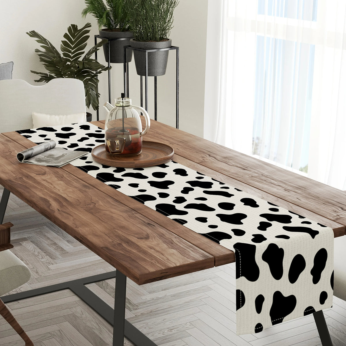 nappe lin imprimée vache noire blanche rustique décoration table moderne chambre