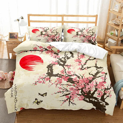Housse de couette japonaise Sakura fleuri sur lit King